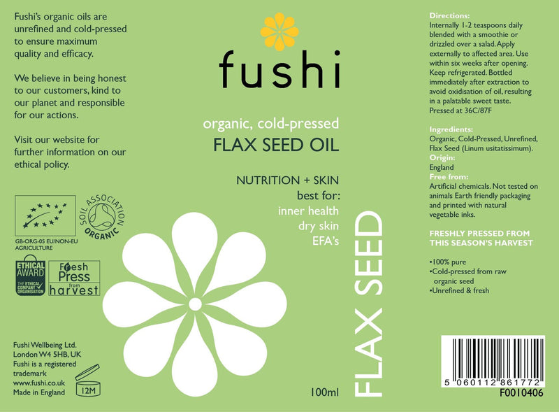 [Australia] - Fushi Organic Flax Seed Oil 100ml | Fresh & Cold Pressed | Rich in Omega 3 Essential Fatty Acids| Best for Inner Health, Dry Skin | Made from English Grown Seeds | | Ethical & Vegan | Made in The UK 