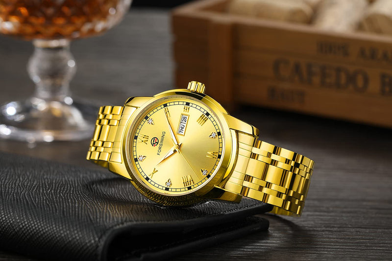 [Australia] - FORSINING Mens Automatic Watch Date Window Display Stainless Steel Watch Gold 