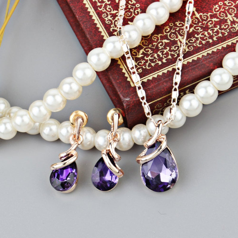 [Australia] - COLORFUL BLING Rose Gold Teardrop Infinity Pendant Necklace Dangle Earring Bridal Pearl Jewelry Sets Purple 