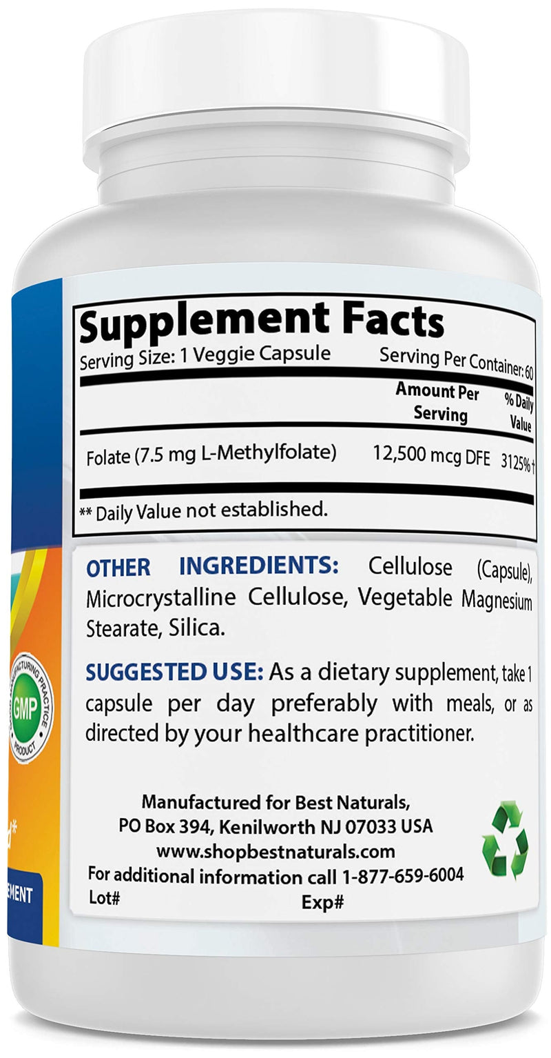 [Australia] - Best Naturals Methyl Folate 7500 mcg (7.5mg) (Most Bio-Available) Veggie Capsule - Supports Cell Formation Growth Function, Brain, Memory, Cardiovascular Health, 60 Count 