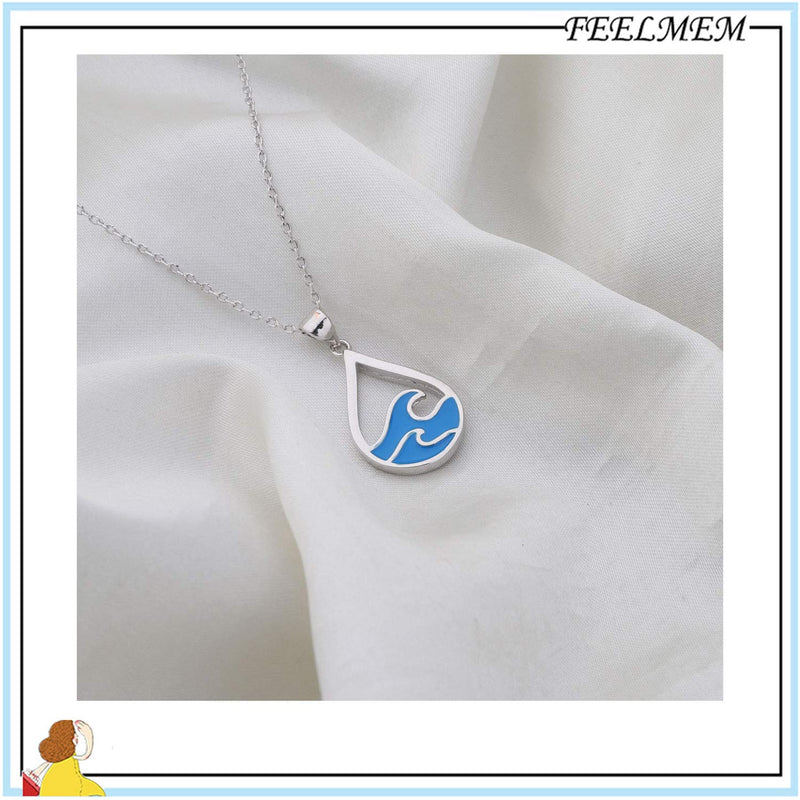 [Australia] - FEELMEM Ocean Wave Necklace Blue Wave Ocean Beach Sea Drop Shape Pendant Necklace Surfer Wave Jewelry Beach Lover Gift Hawaiian Ocean Themed Gifts silver 