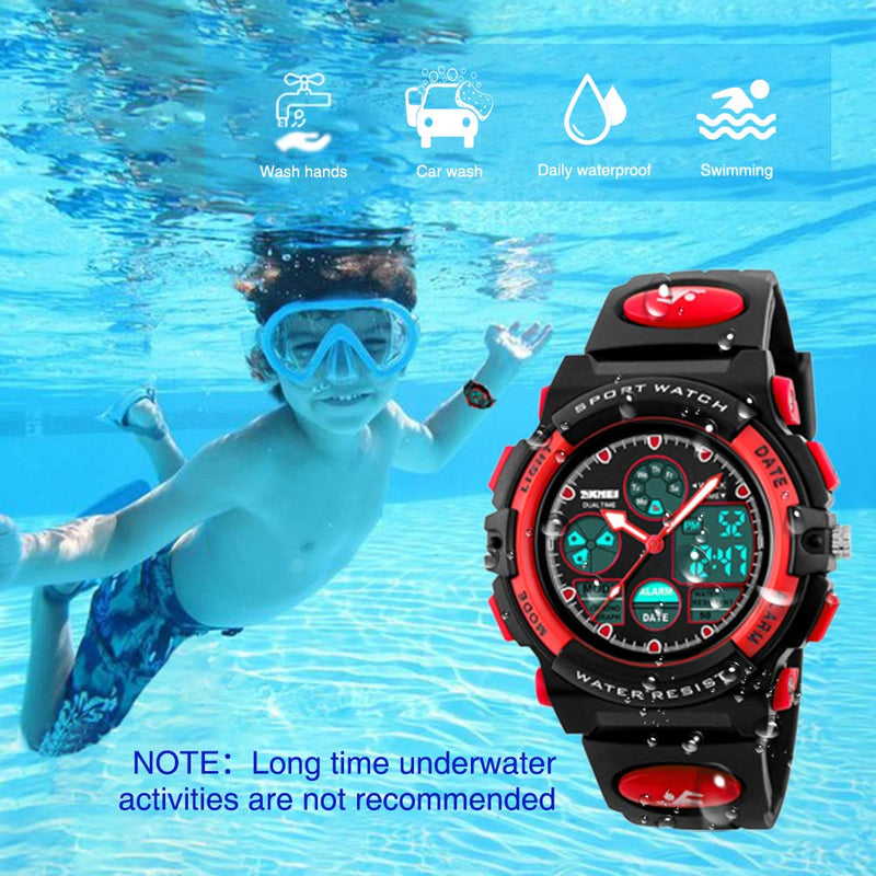 [Australia] - eYotto Kids Sports Watch Waterproof Boys Multi-Function Analog Digital Wristwatch LED Alarm Stopwatch Red 