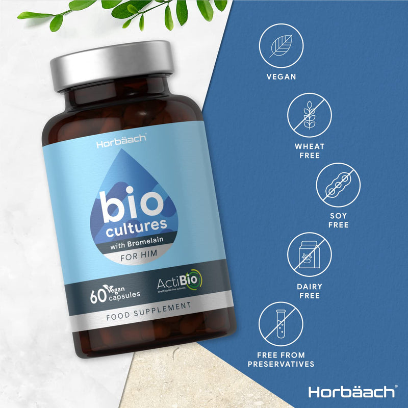 [Australia] - Probiotics Complex for Men | 60 Vegan Capsules | with Bromelain, Maca, Cranberry Extract & Acti Bio Cultures | Wheat Free Supplement for Men | by Horbaach 