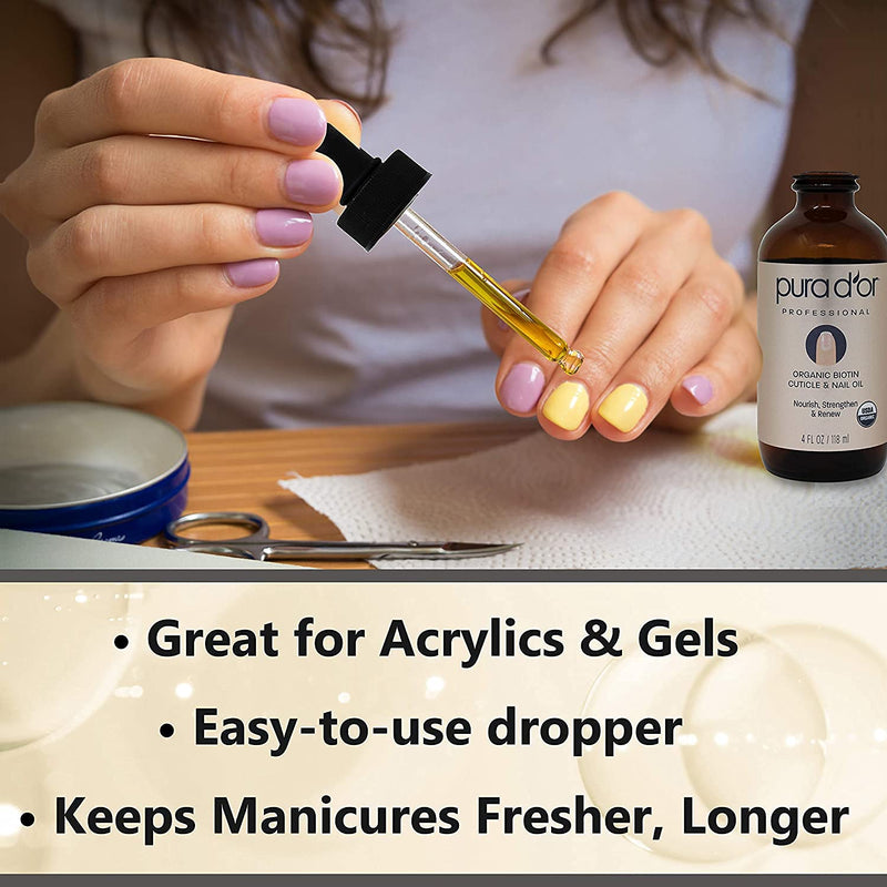 [Australia] - PURA D'OR Organic Nail and Cuticle Oil (4oz) Nourishing Treatment with Dropper - Natural Blend Enriched with Biotin, Vitamin E, Milk for Nail Growth, Healthy Nail Beds and Great for Acrylic Nails 