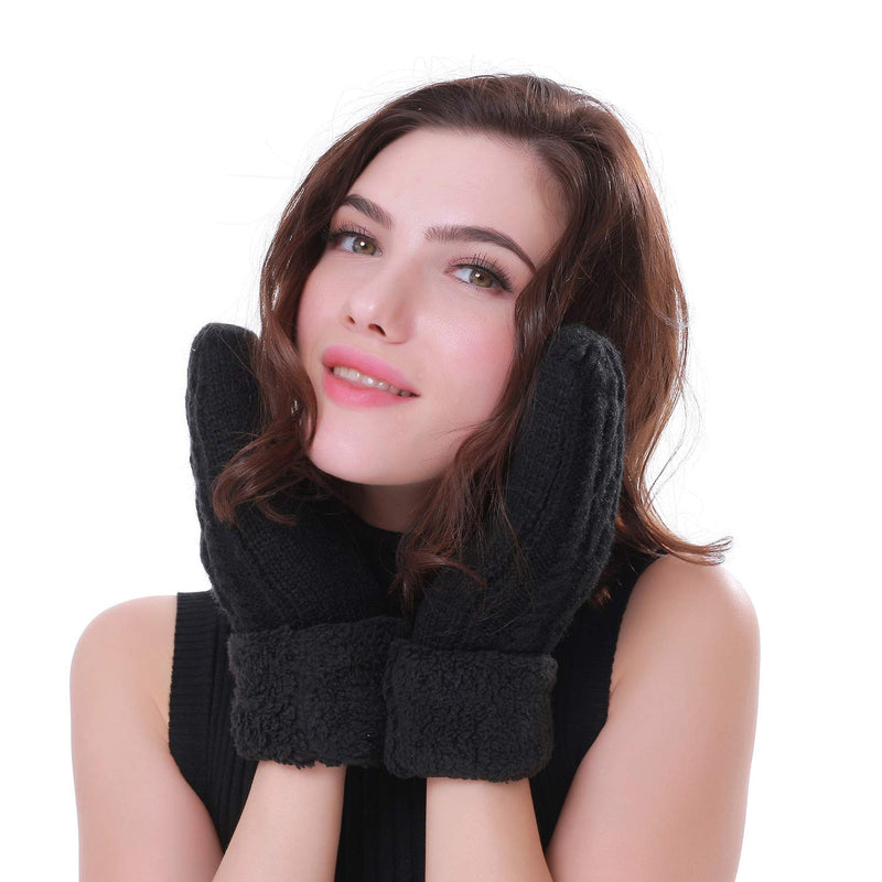 [Australia] - Women's Winter Gloves Warm Lining Mittens- Cozy Wool Knit Thick Gloves Novelty Mittens Winter Cold Weather Accessories Black 