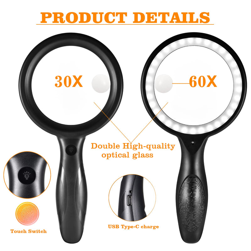 [Australia] - Magnifying Glass with Light - 30X Handheld Large Magnifying Glass 33 LED Illuminated Lighted Magnifier for Seniors Reading, Macular Degeneration, Inspection, Soldering, Coins, Exploring 