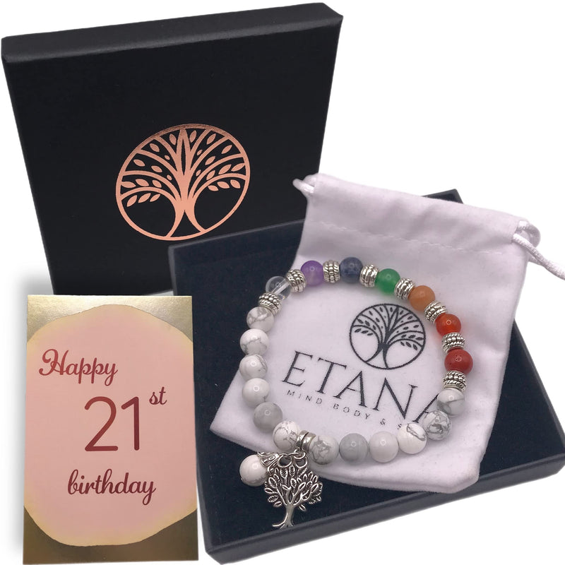 [Australia] - ETANA 21st Birthday Gifts for Her, Chakra Bracelets for Women with Howlite Healing Crystals, Anxiety Relief Spiritual Gift, Mindfulness Presents Howlitte 