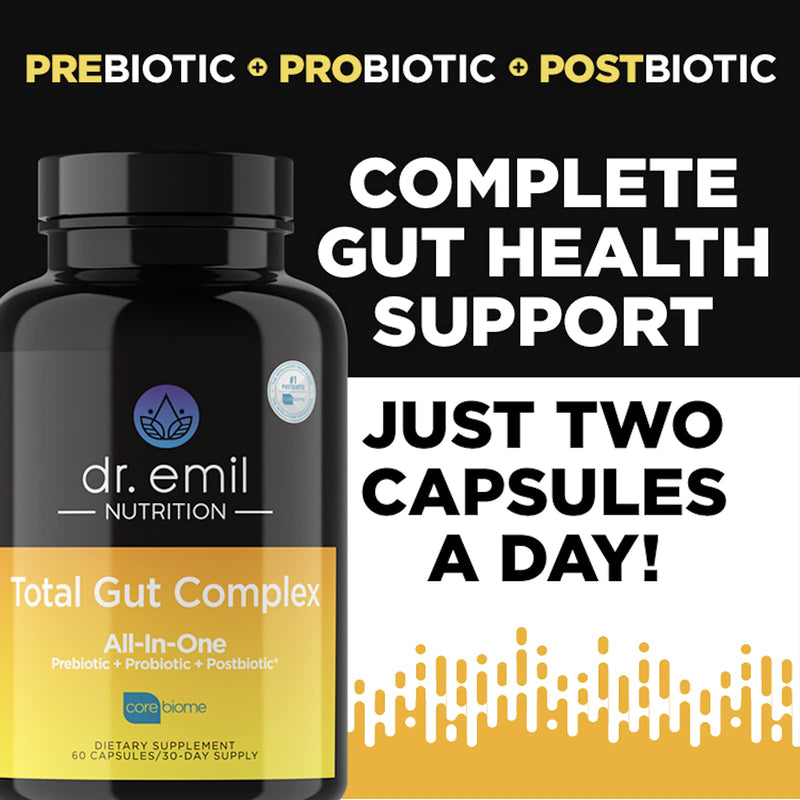 [Australia] - Dr. Emil Nutrition Total Gut Health Complex - Prebiotic + Probiotic + Postbiotic Gut Health Supplements for Women and Men - Probiotics for Digestive Health & Gut Health, 60 Capsules 