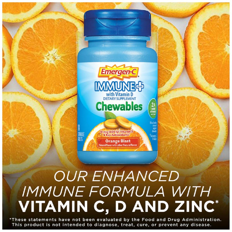 [Australia] - Emergen-C Immune+ Chewables 1000mg Vitamin C with Vitamin D Tablet, Immune Support Dietary Supplement for Immunity, Orange Blast Flavor - 42 Count 42 Count (Pack of 1) 