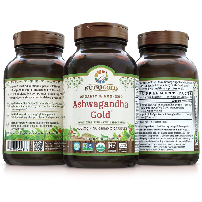 [Australia] - NutriGold Organic Ashwagandha Gold, 500 mg, 90 Plantcaps - Clinically-Proven, Non-GMO, Full-Spectrum Root Standardized Extract Powder Supplement 