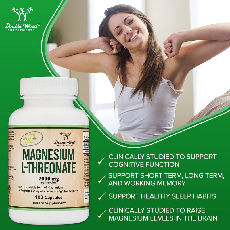 [Australia] - Double Wood Magnesium L Threonate Supplement | 100 High Strength Magnesium L Threonate Capsules - 2000mg Bioavailable Form Magnesium per Serving | Non-GMO & Gluten Free 