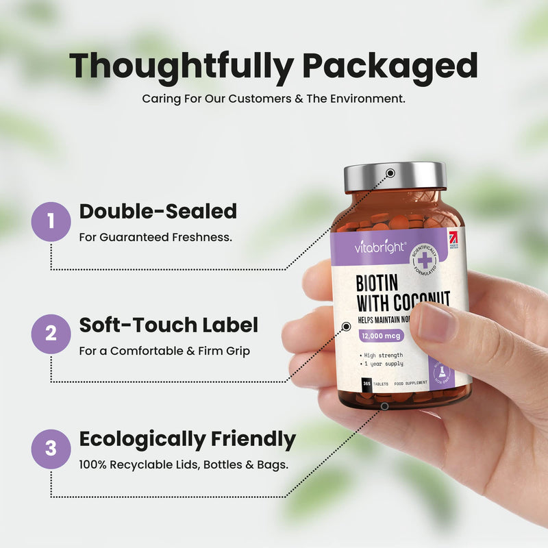 [Australia] - Biotin for Hair Growth, Skin and Nails - 12,000mcg High Strength - 365 Tablets (1 Year Supply) - Enriched with Coconut Oil Powder - Natural D-Biotin (Biologically Active) - Made in UK by VitaBright 