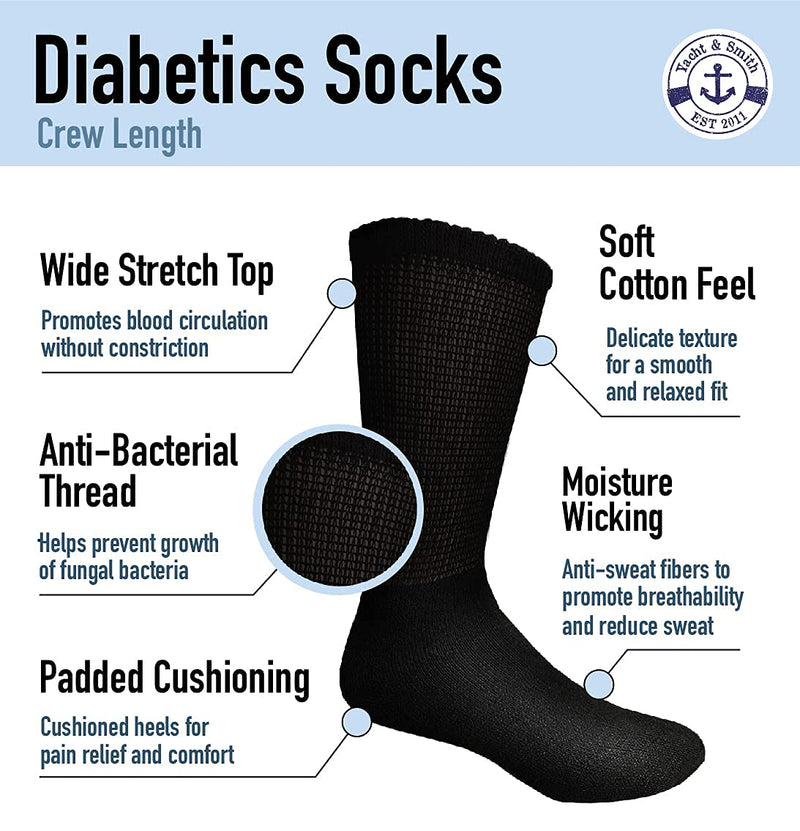 [Australia] - Yacht & Smith Men and Women Value Pack of Ring Spun Cotton Crew Diabetic, Nephropathy Socks Black 