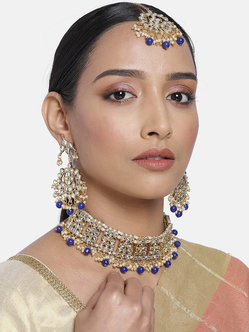 [Australia] - Aheli Elegant Indian Wedding Wear Faux Kundan Studded Choker Necklace with Maang Tikka Set Ethnic Fashion Jewelry for Women Blue 