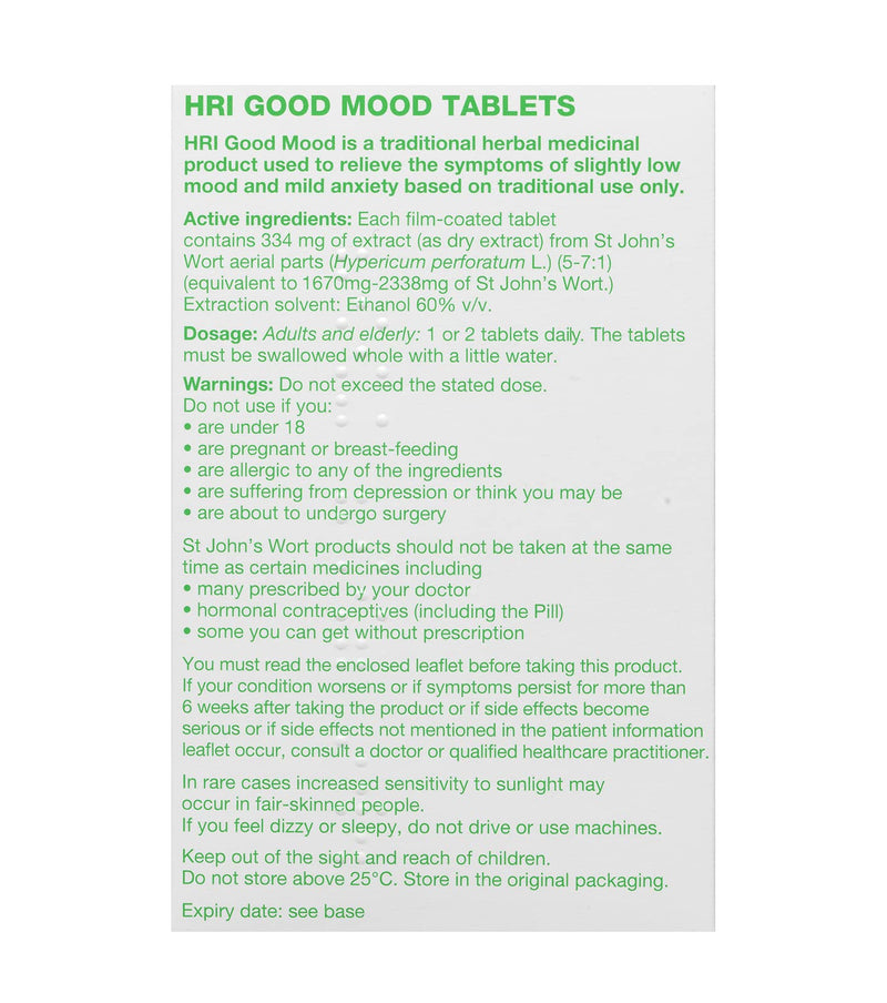 [Australia] - HRI Good Mood. 334 Milligrams St Johns Wort Tablets. Strongest Approved Dose on The UK Market - to Relieve The Symptoms of Slightly Low Mood and Mild Anxiety Relief. 60 Tablets 60 Count (Pack of 1) 