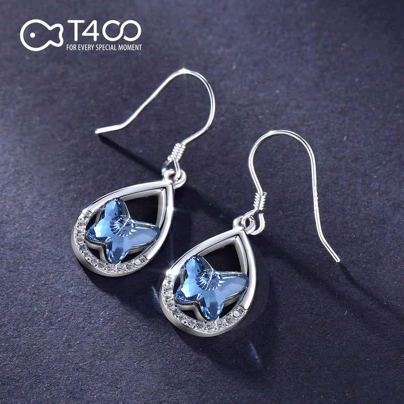 [Australia] - T400 925 Sterling Silver Blue Butterfly Crystal Pendant Necklace Dangling Stud Earrings Jewelry Set Birthday Gift for Women Girls Waterdrop 