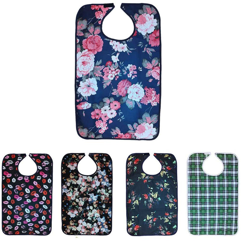 [Australia] - POFET Reusable Terry Cloth Adult Bibs – Absorbent Waterproof Clothing Protector for Men, Women, Elderly Disability Aid Apron Grid - Hibiscus 