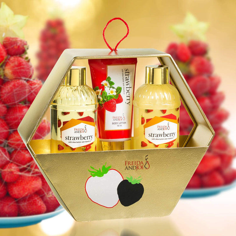 [Australia] - Bath and Body Basket Set For Women: Relaxing At Home Spa Kit Strawberry Holiday Kit in Gold Metal Hexagon Box Includes Shower Gel, Bubble Bath, Body Lotion 