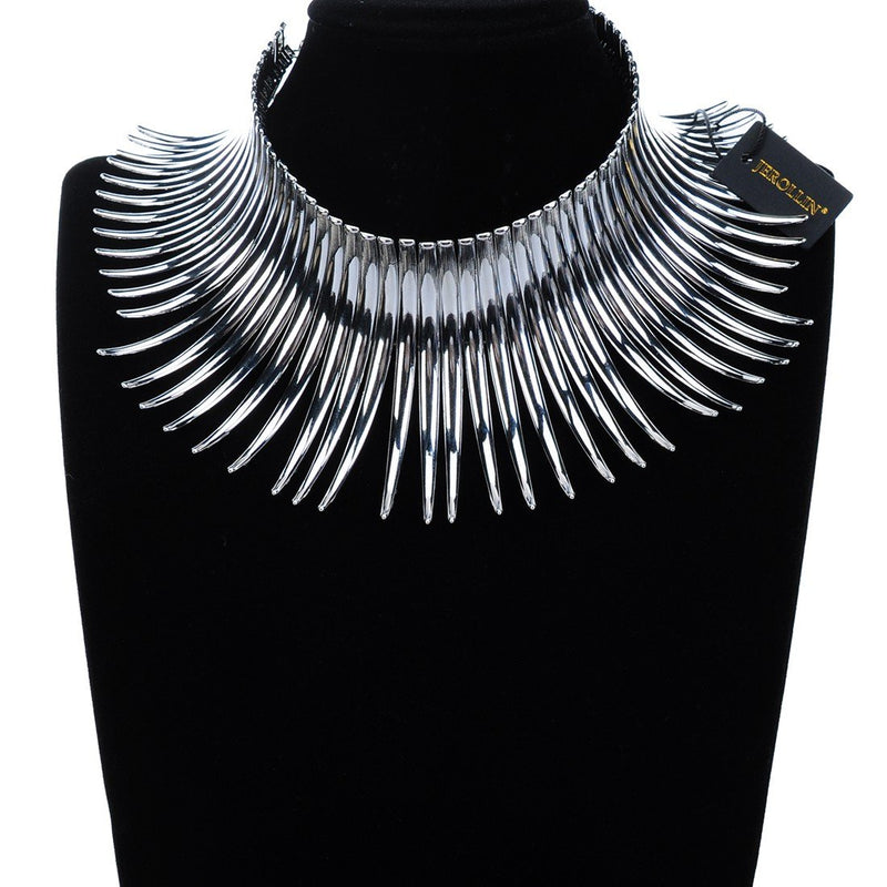 [Australia] - Statement Collar Choker Chuncky Bib Necklace(Set), African Sparkling Canine Shape Fringe Necklace(Set) for Women Fashion Jewelry(Set) for Girls Silver 
