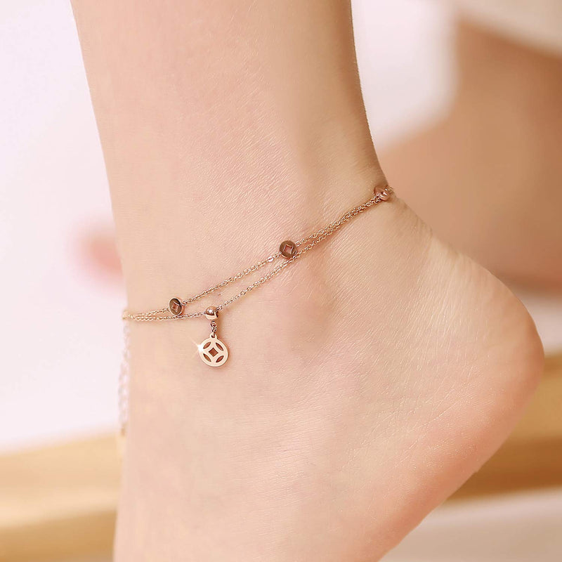 [Australia] - PAPAGENA Stylish Layered Ankle Bracelets for Women Adjustable Titanium Steel Link Rose Gold Plated Anklets Gift Coins Design Layered Anklet 