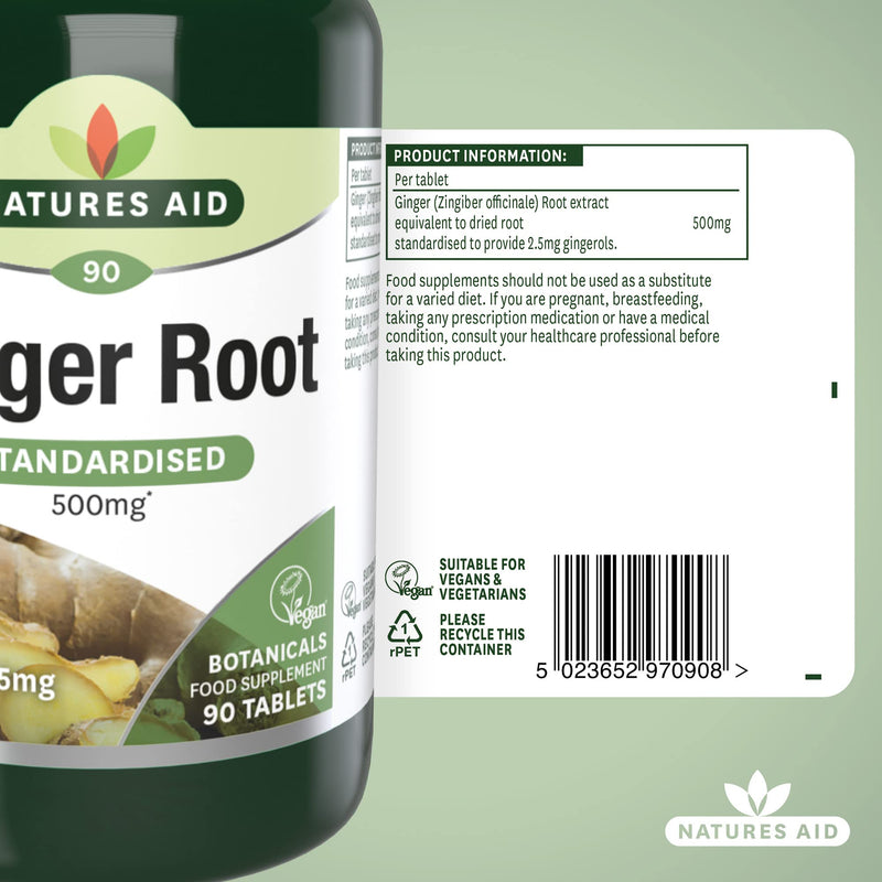[Australia] - Natures Aid Ginger Root 500 mg 90 Tablets (Botanical Supplement, Providing Gingerols and Shogaols, Vegan Society Approved, Made in the UK) 