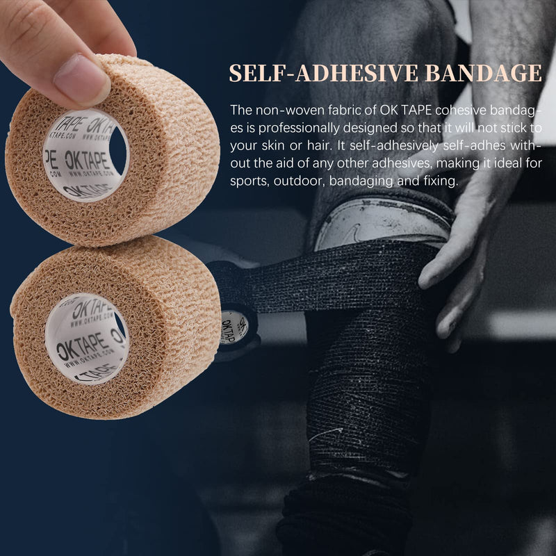 [Australia] - OK TAPE Self Adherent Cohesive Bandages Wrap 12Packs, 2 Inches X 5 Yards, Non-Woven Self Adhesive Athletic Sports wrap Tape, Vet Wrap Bandages Tape, for Thumb Finger Wrist Ankle (Beige) 2 Inch x 5 Yards Beige 