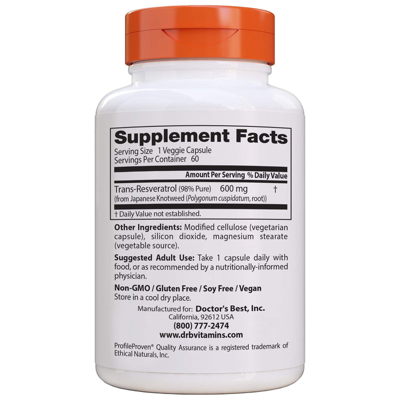 [Australia] - Doctor's Best Trans-Resveratrol 600, Non-GMO, Vegan, Gluten Free, Soy Free, 600 mg, 60 Veggie Caps (DRB-00416) 