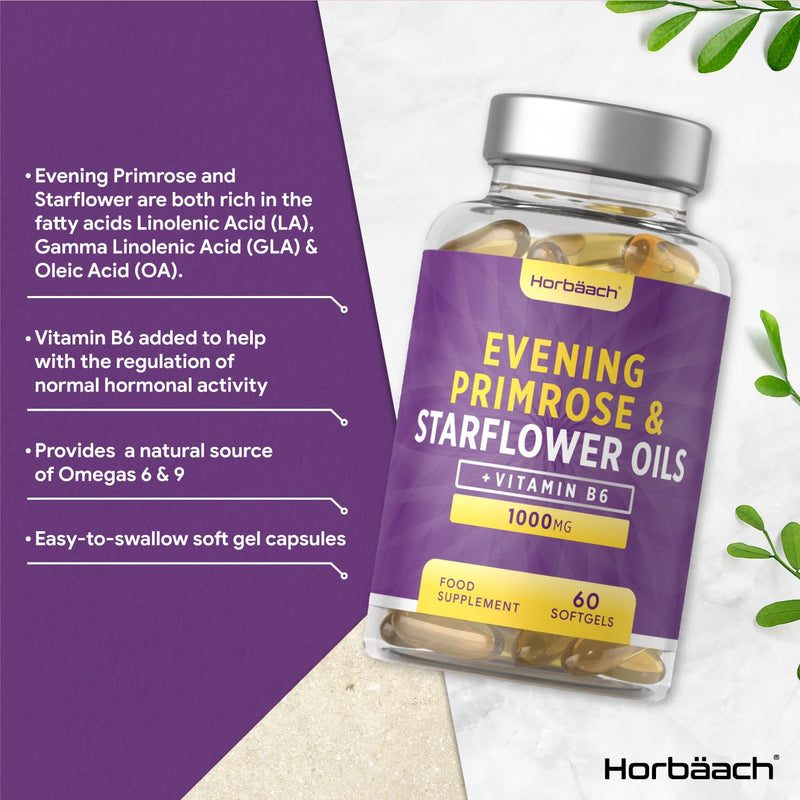 [Australia] - Evening Primrose and Starflower Oil Capsules 1000mg | with Vitamin B6 | 60 Softgels | Rich Source of Omega 6 Fatty Acids | by Horbaach 
