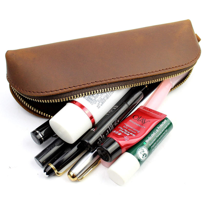 [Australia] - DK86 Leather Zipper Pen Case Pouch Holder Bag - Small Travel Makeup Cosmetic Bag - Vintage Brown 