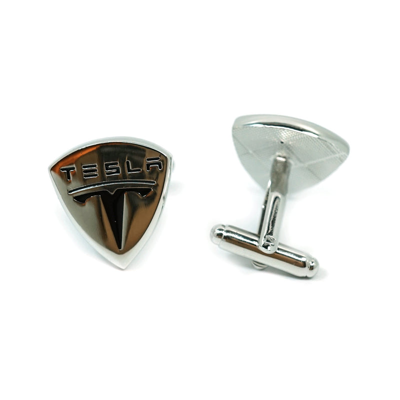 [Australia] - Teri's Boutique Tesla Logo Car Brand Silver Tone Black Point Men's Jewelry Cufflinks w/Gift Box 