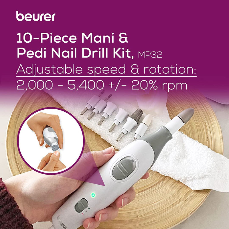 [Australia] - Beurer, 10piece Professional Nail Drill Kit for Manicure Pedicure Electric Nail File Set incl. 7 Attachments Pouch Nails Care Tool with 3 Speeds All in One Trimmer Grinder Polish MP32 10-Piece 