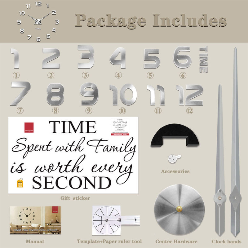 [Australia] - Vangold Frameless DIY Wall Clock 3D Mirror Wall Clock Large Mute Wall Stickers for Living Room Bedroom Home Decorations Silver 