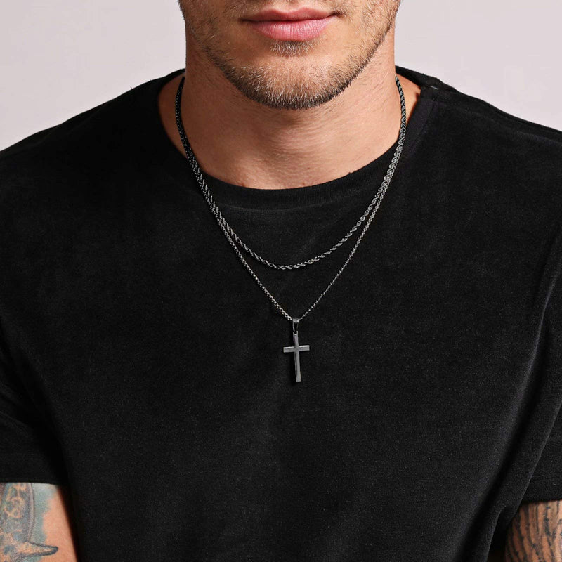 [Australia] - Ursteel Cross Necklace for Men, Stainless Steel Silver Black Gold Layered Rope Chain Cross Pendant Necklace Simple Jewelry Gifts Chain Necklace for Men, 16-26 Inches Box Chain Black:16+2/18+2 