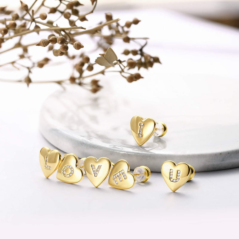 [Australia] - KissYan Heart Initial Stud Earrings, 14k Gold Plated 925 Sterling Silver Post Hypoallergenic CZ Alphabet Letter Earrings Fashion Jewelry Gift for Women Girls A-Gold 