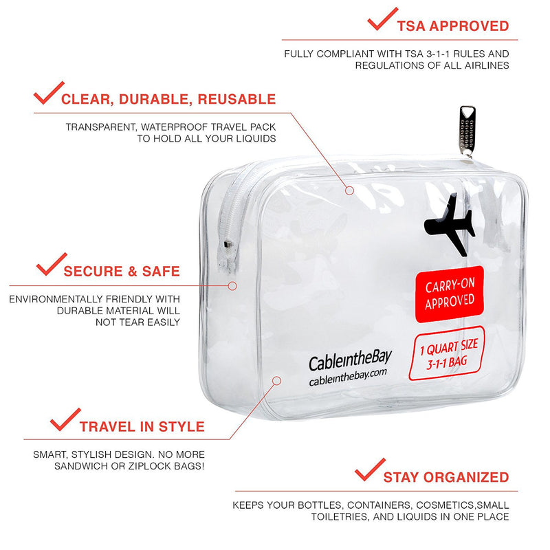 [Australia] - TSA Approved Clear Travel Toiletry Bag-Quart Sized with Zipper-Airport Airline Compliant Bag/Bottles-Men's/Women's 3-1-1 Kit (3 PACK) 