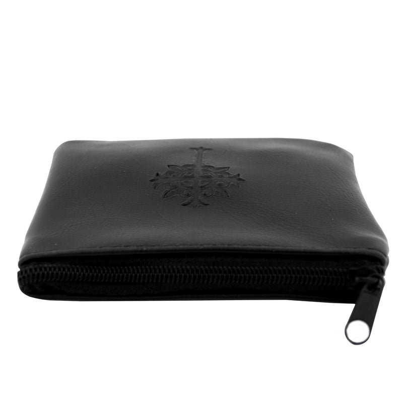 [Australia] - Genuine Black Leather Pouch | Embossed with Fleur De Lis Cross | Zipper Closure | Perfect for Roseries and Chaplet Beads | Great First Communion or Confirmation Gift 