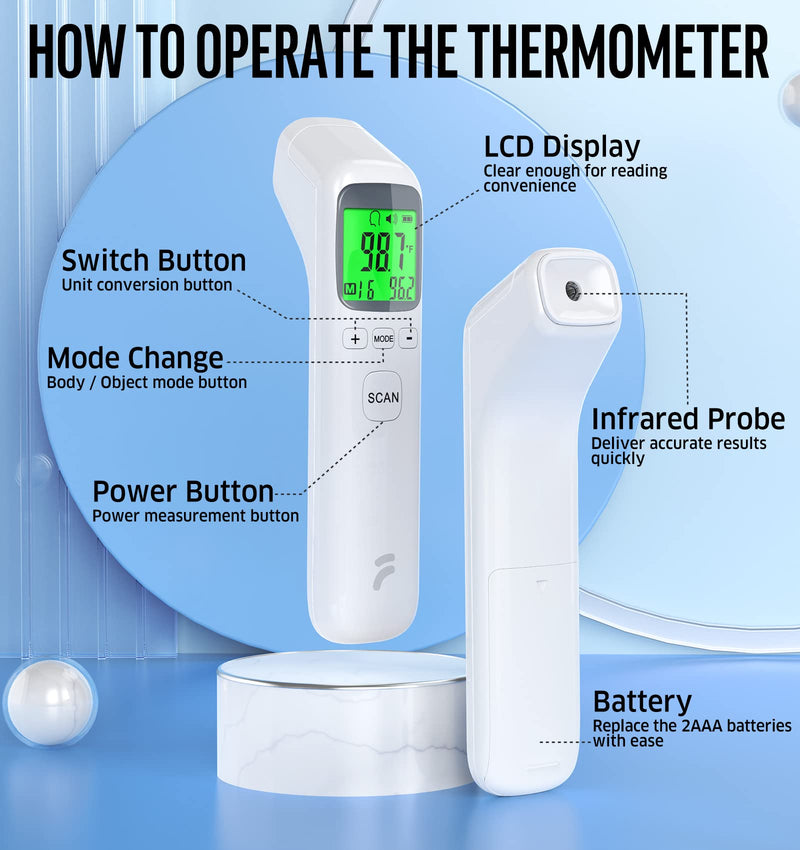 [Australia] - Thermometer for Adults and Kids, No-Touch Forehead Thermometer with Object Mode Function,Fever Alert and 32 Set Memory Recall,Instant Accurate Reading Digital Baby Thermometer for Fever White 