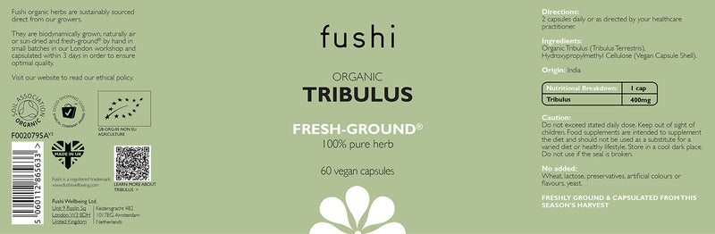 [Australia] - Fushi Organic Tribulus Terrestris (Gokshura), 60 Caps | Fresh-Ground Whole Food | Ayurvedic herb for Male Health & Sports Performance | Ethical & Vegan | Manufactured in the UK 