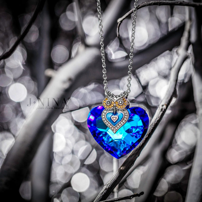 [Australia] - J.NINA ✦Owl of Minerva✦ Mother's Day Jewelry Gifts for Women Owl Necklaces for Women Blue Swarovski Crystal Heart Necklace Sparking Jewelry Gifts for Her Girlfriend 