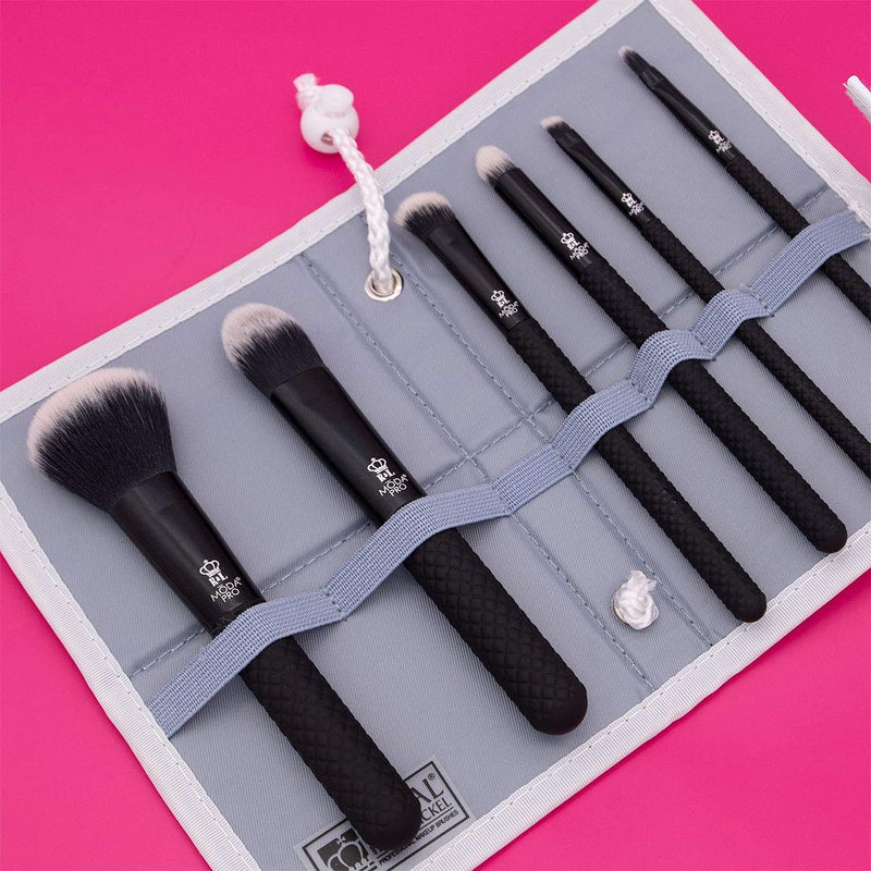 [Australia] - MODA Pro Total Face Travel Size Makeup Brush Set with Pouch, Includes - Powder, Foundation, Angle Shader, Smoky Eye, Brow Liner and Pointed Lip Brushes, Black 