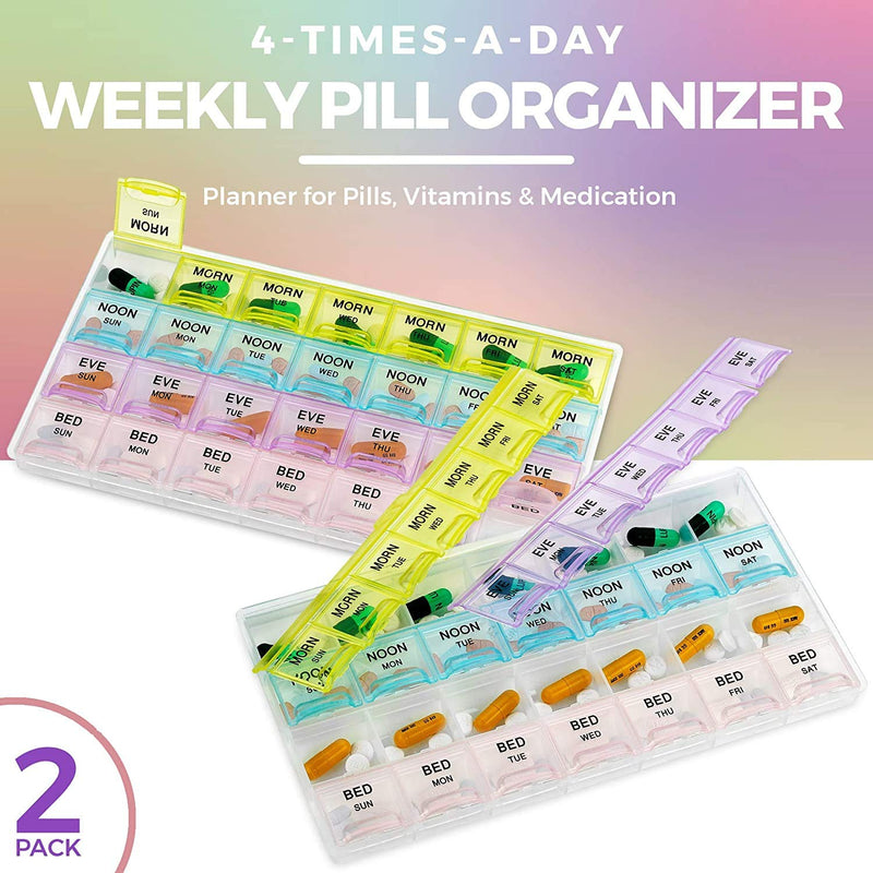 [Australia] - Weekly Pill Organizer - 4-times-a-day - Planner for Pills, Vitamins & Medication - Portable Travel Pill Organizer - Medication Reminder Box - 2 Pack 