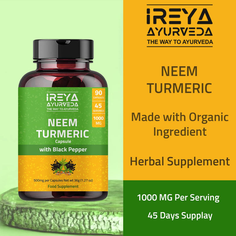 [Australia] - Neem Turmeric Capsules with Black Pepper Neem Herbal Supplement, Ayurvedic Herbal Cleanser, Detoxification, Enhances skin Health and Immunity (90 Capsules) 90 Count (Pack of 1) 