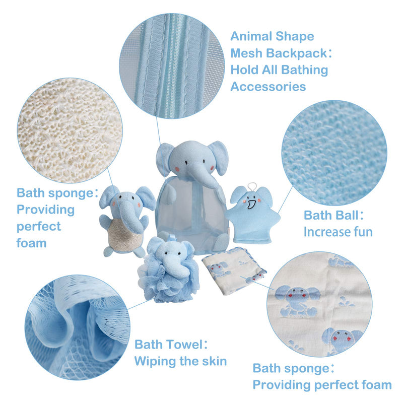 [Australia] - Shower Sponge Animal Bath Loofahs Pouf Wash Ball Puff Bulk Mesh Brush Luffa Body Scrubber for Kids,Toddler,Boys,Girls, Baby Shower Essential Skin Care, Soft Bathing Accessories Pack of 5(Elephant) Blue 