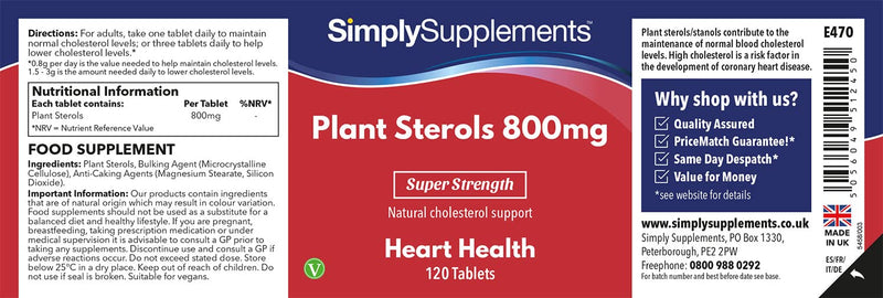 [Australia] - Plant Sterols 800mg | 120 Tablets = 4 Month Supply | Potent One-a-Day Formula | Vegan & Vegetarian Friendly | Proven to Naturally Lower Cholesterol | Manufactured in The UK 