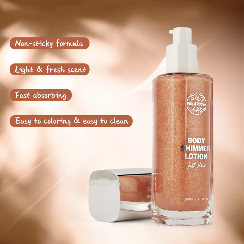 [Australia] - VIOLA HOUSE Body Shimmer Highlighter Makeup, Face Body Glow Illuminator, Waterproof Moisturizing Liquid Spray, Radiance All In One Makeup Shimmer Body Lotion,100ML/3.38oz (Shallow Bronze) Shallow Bronze 