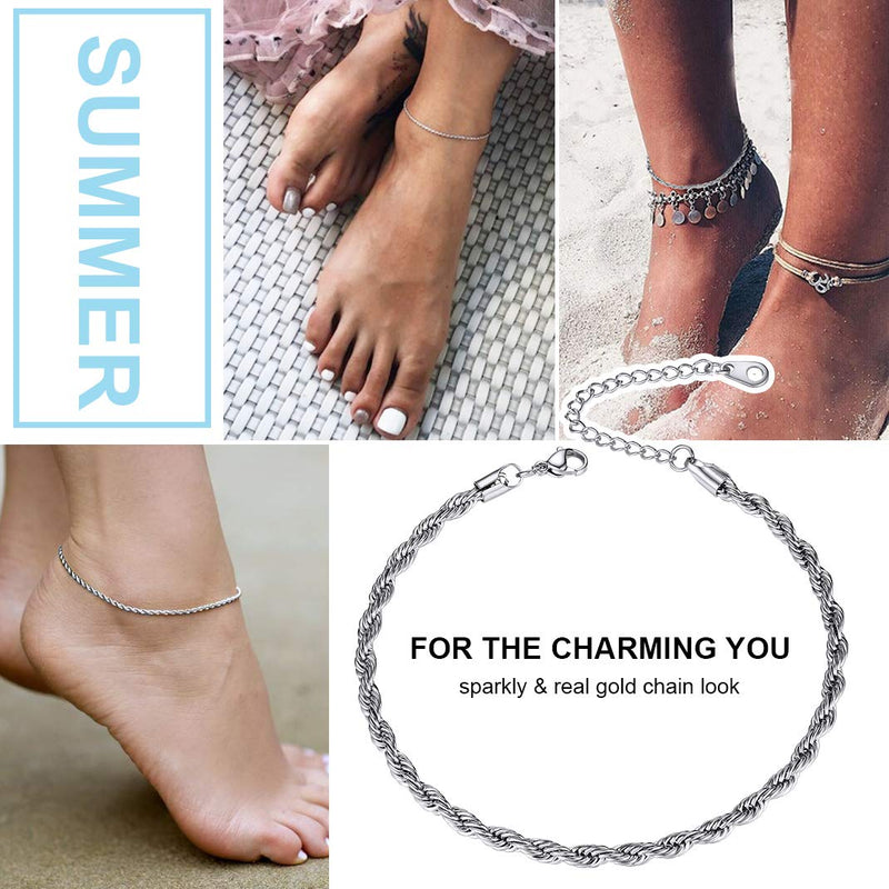 [Australia] - GoldChic Adjustbale Link Chain Anklet for Women Girls, 316L Stainless Steel Figaro/Wheat/Twist Rope/Cuban Foot Bracelet-Waterproof, Resizable 9"-12" (Gift Box Included) 04-Steel 