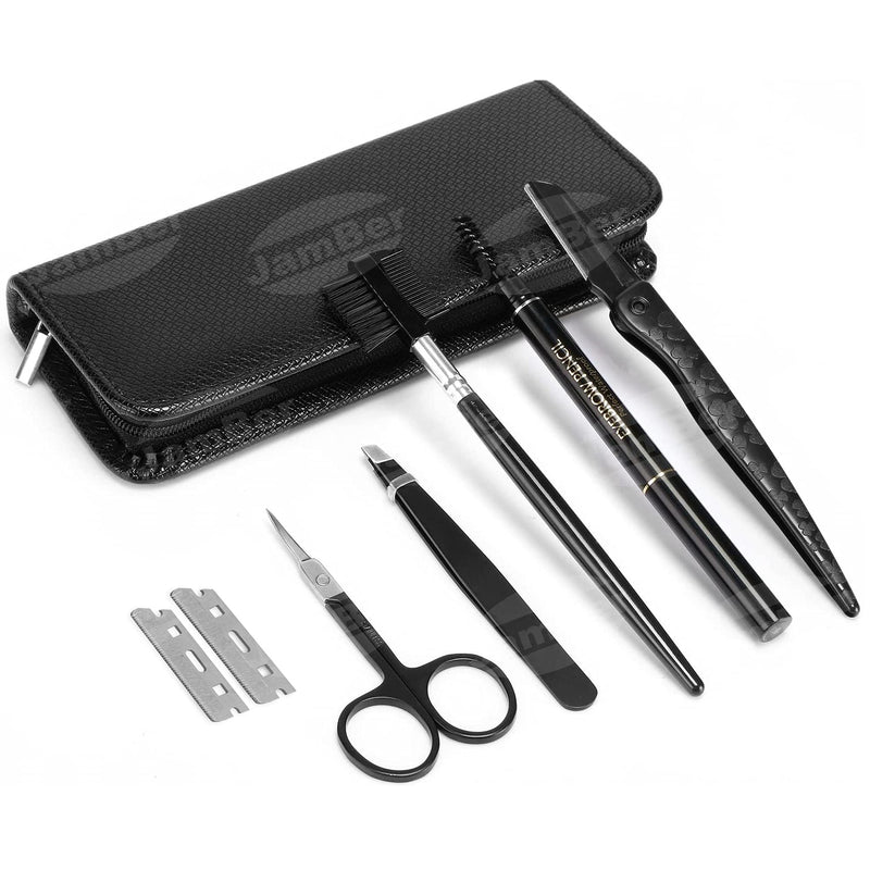 [Australia] - Gibot Eyebrow Set, 5pcs Stainless Steel Eyebrow Grooming Kit with Tweezers, Scissors, Eyebrow Brush Comb, Eyebrow Pencil, Razor and Travel Case for Women and Men, Black 