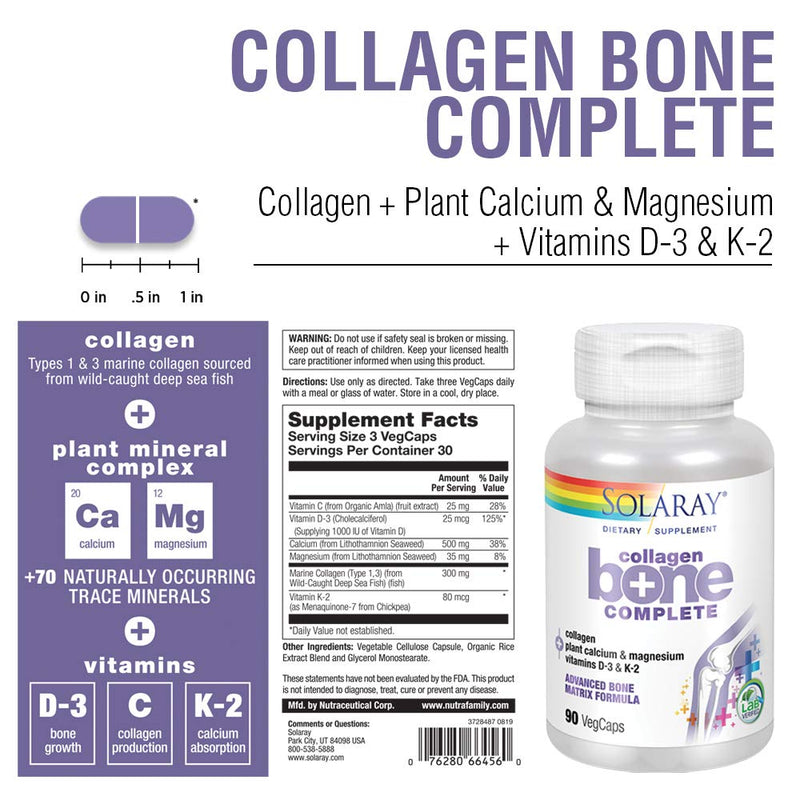 [Australia] - Solaray Collagen Bone Complete | Advanced Bone Matrix Formula with Plant Calcium & Magnesium | 30 Servings | 90 VegCaps 