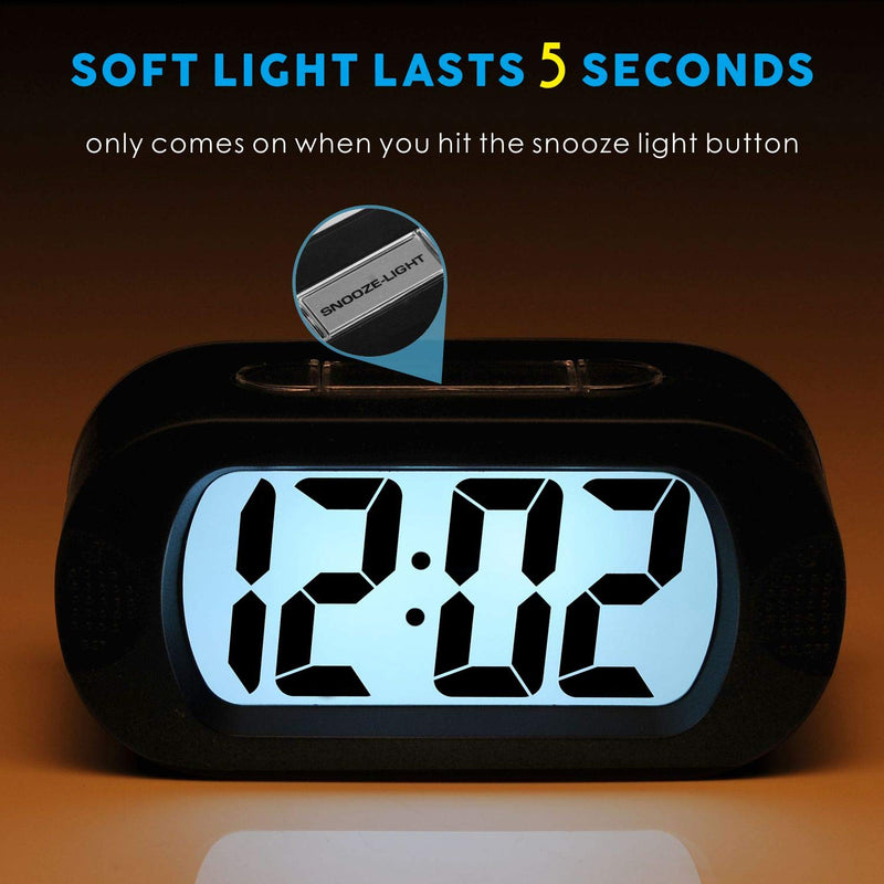 [Australia] - Digital Alarm Clock - Plumeet Travel Clock with Snooze and Nightlight - Easy to Set Simple Bedside Alarm Clocks for Kids - Ascending Sound - Battery Powered (Black) Black 