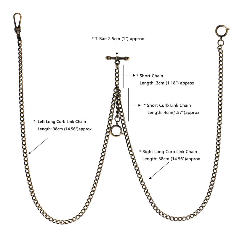 [Australia] - TREEWETO Pocket Watch Double Albert Chain T-Bar Watch Chain Link 16 inch 3 Hooks Bronze/Silver/Gold/Black Classic Antique Fob T Bar 